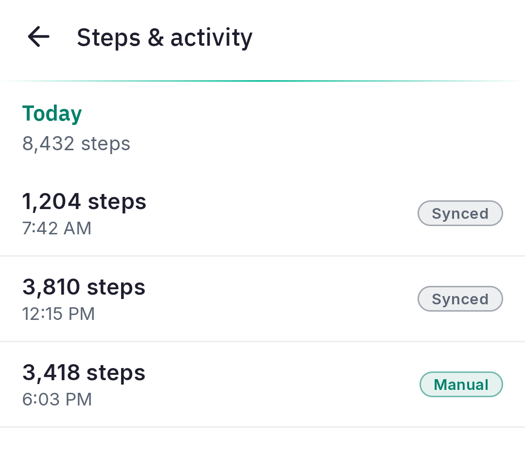 KetoCypher Steps and activity screen, three entries from Health Connect and manual.