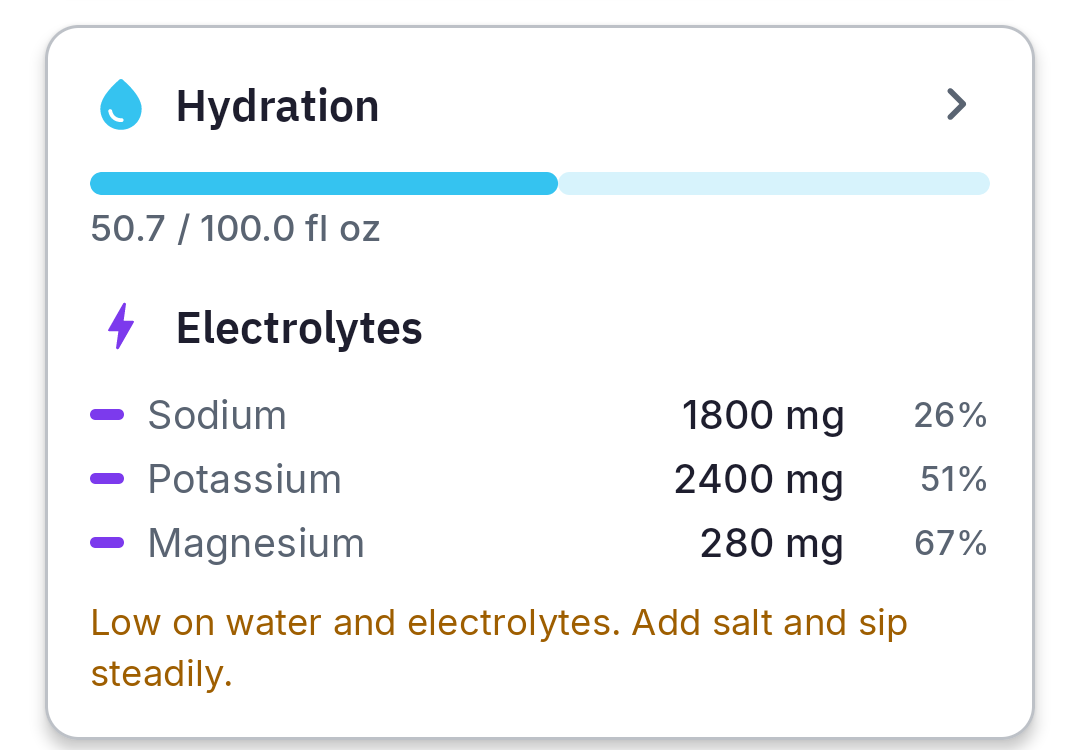KetoCypher Hydration and Electrolytes block, with sodium, potassium, magnesium against daily targets.