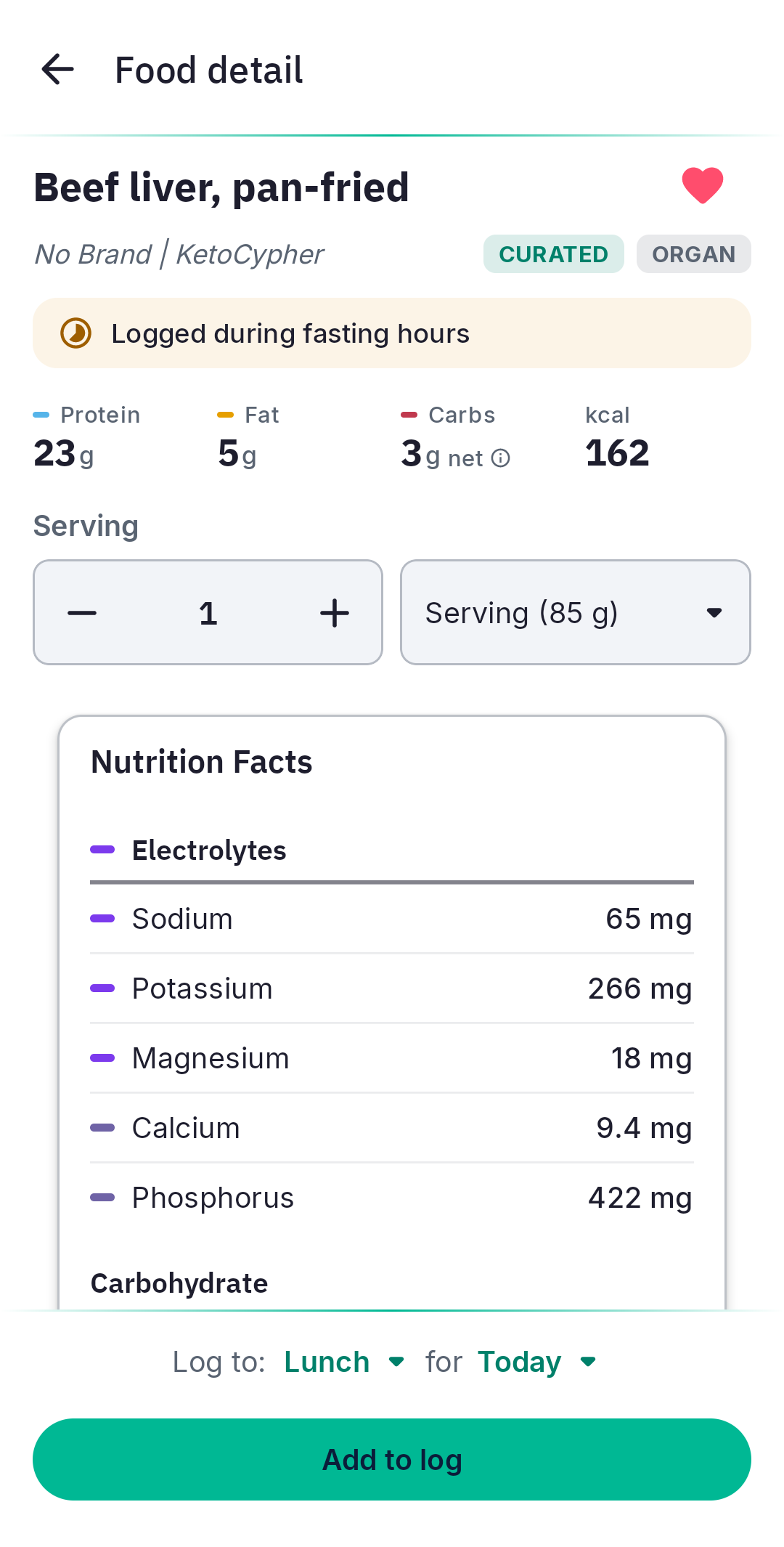 KetoCypher Food detail for pan-fried beef liver, with macros and electrolytes.